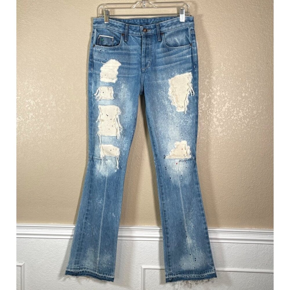 NWT Tortoise Bell Distressed Bootcut Paint Splatter Jeans Light Blue
